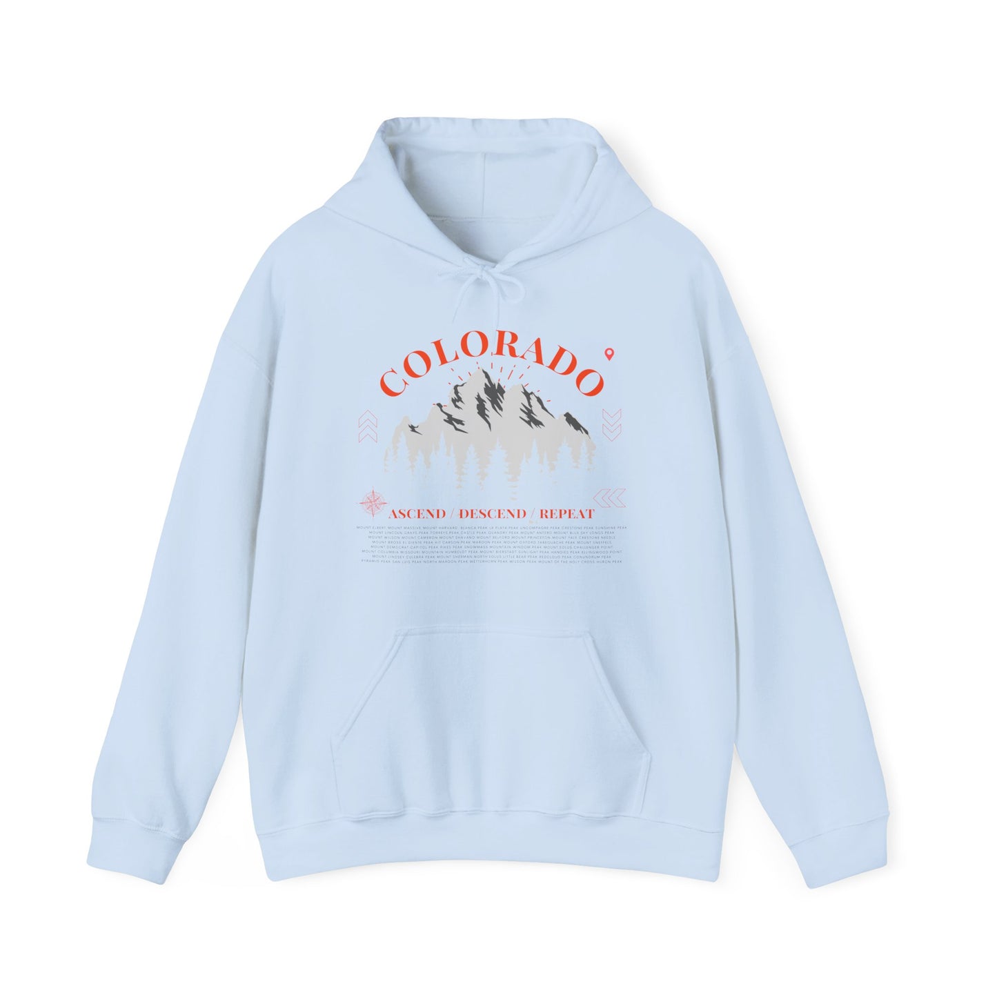 Women's Colorado 14ers Mountain Hoodie (Unisex Sizing) — Ascend/Descend/Repeat White Mountain Climbing Graphic - Lucky Outfitters Adventure Pullover