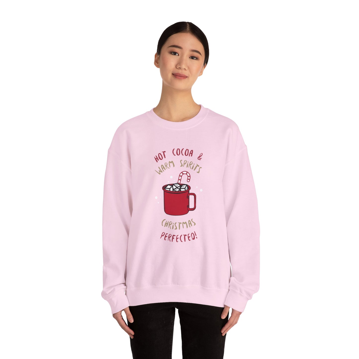 Christmas Hot Cocoa Sweatshirt (Unisex Sizing) — "Hot Cocoa & Warm Spirits, Christmas Perfection" Cozy Holiday Crewneck