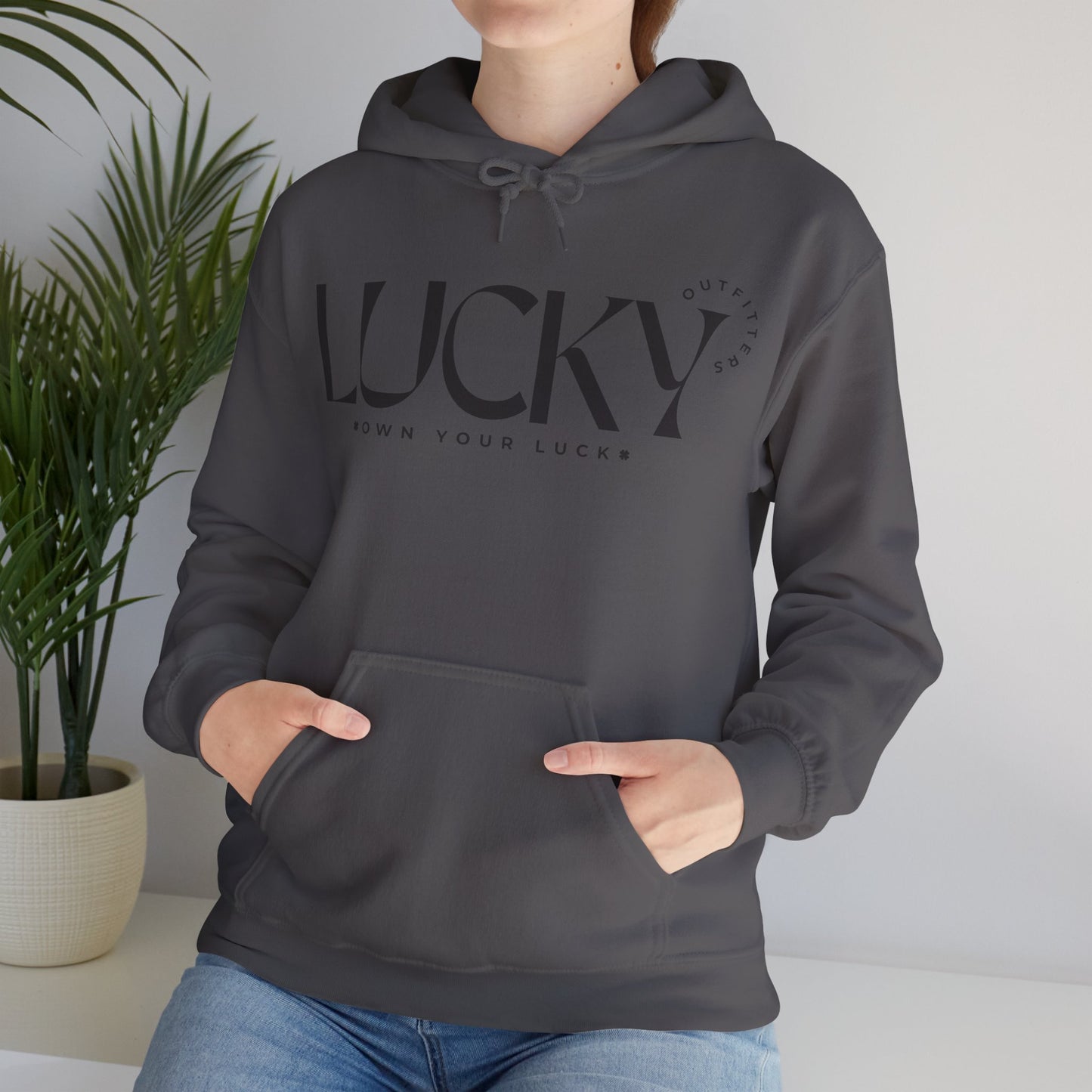 Women's Lucky Hoodie (Unisex Sizing) - LUCKY OUTFITTERS Dark Gray Graphic Pullover