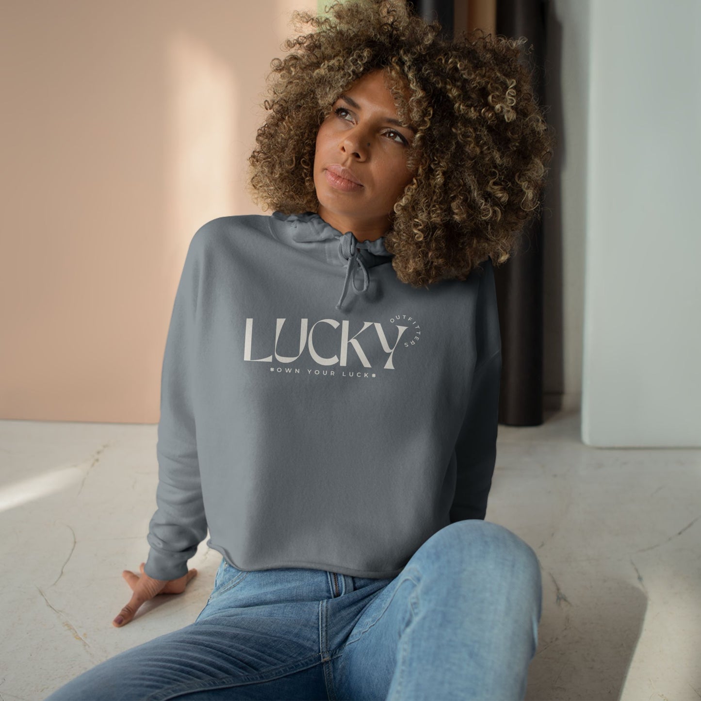 Women's Lucky Outfitters Crop Hoodie — ‘Off White Logo