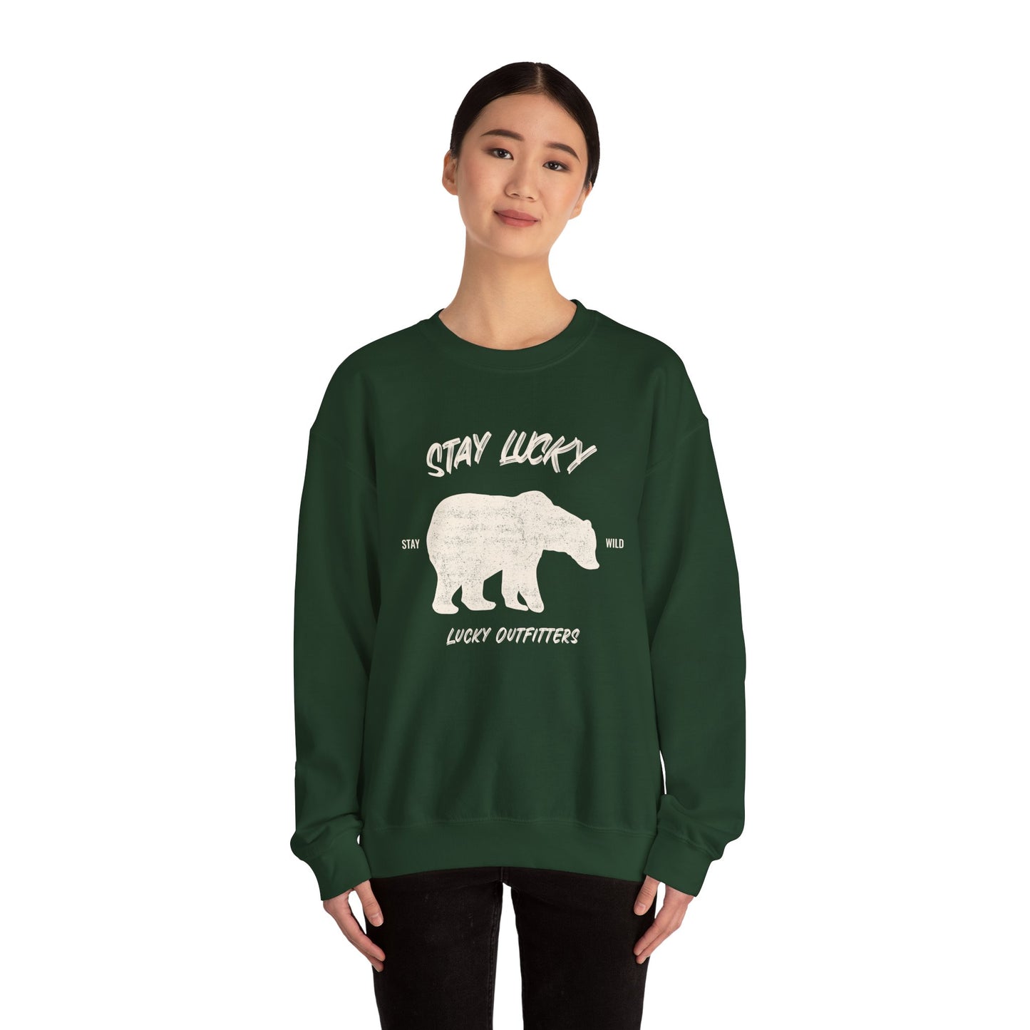 Stay Lucky Bear Unisex Crewneck Sweatshirt (Unisex Sizing) — Vintage Bear Graphic Pullover