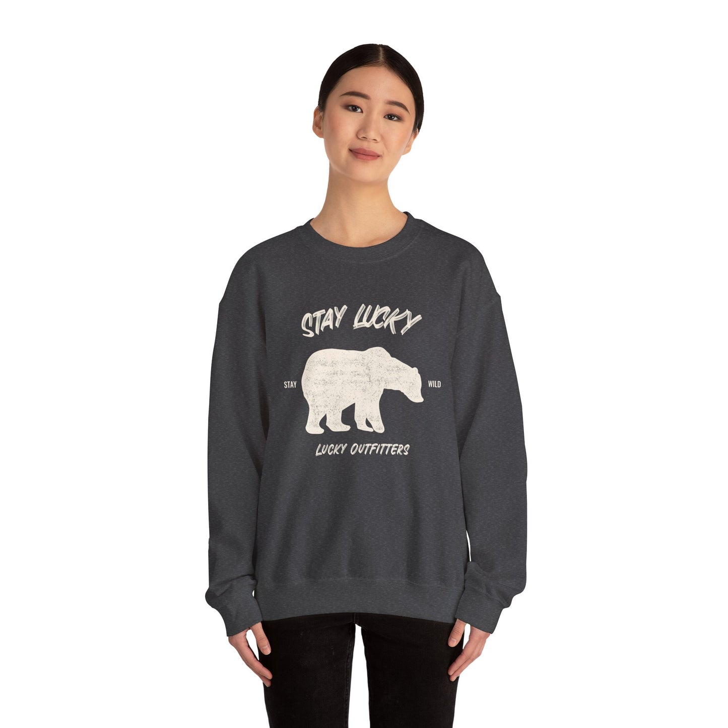 Stay Lucky Bear Unisex Crewneck Sweatshirt (Unisex Sizing) — Vintage Bear Graphic Pullover