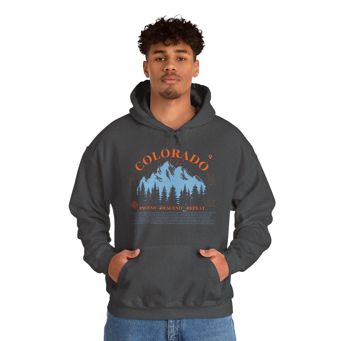 Men's Colorado 14ers Mountain Hoodie — Ascend/Descend/Repeat Mountain Climbing Graphic - Lucky Outfitters Adventure Pullover