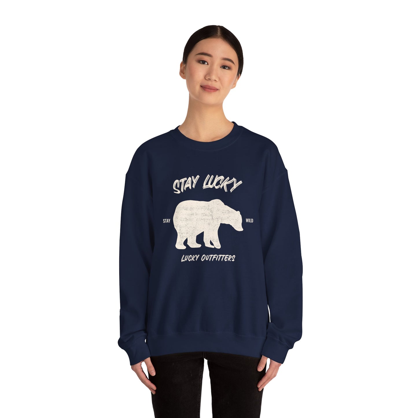Stay Lucky Bear Unisex Crewneck Sweatshirt (Unisex Sizing) — Vintage Bear Graphic Pullover