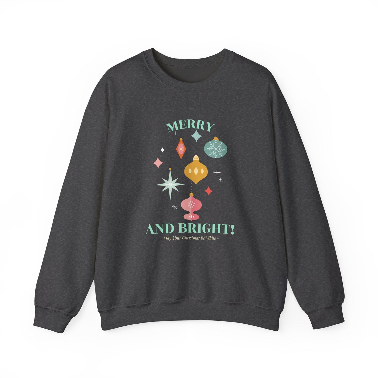 Merry and Bright Christmas Crewneck Sweatshirt (Unisex Sizing) — Retro Ornaments Holiday Sweater