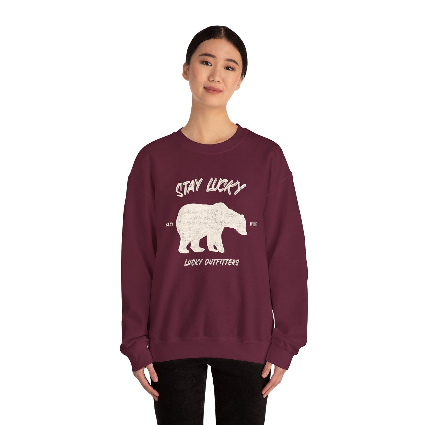 Stay Lucky Bear Unisex Crewneck Sweatshirt (Unisex Sizing) — Vintage Bear Graphic Pullover