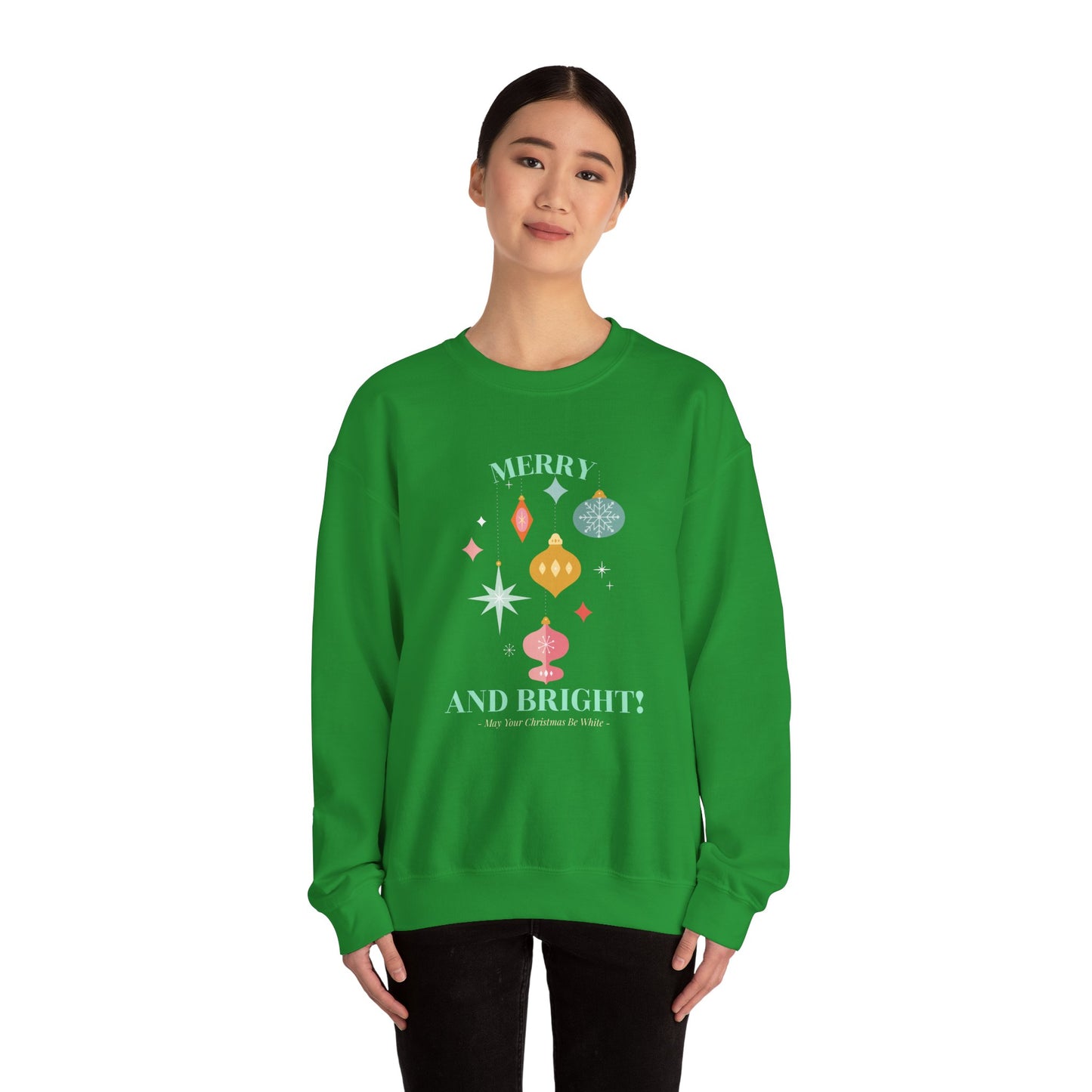 Merry and Bright Christmas Crewneck Sweatshirt (Unisex Sizing) — Retro Ornaments Holiday Sweater