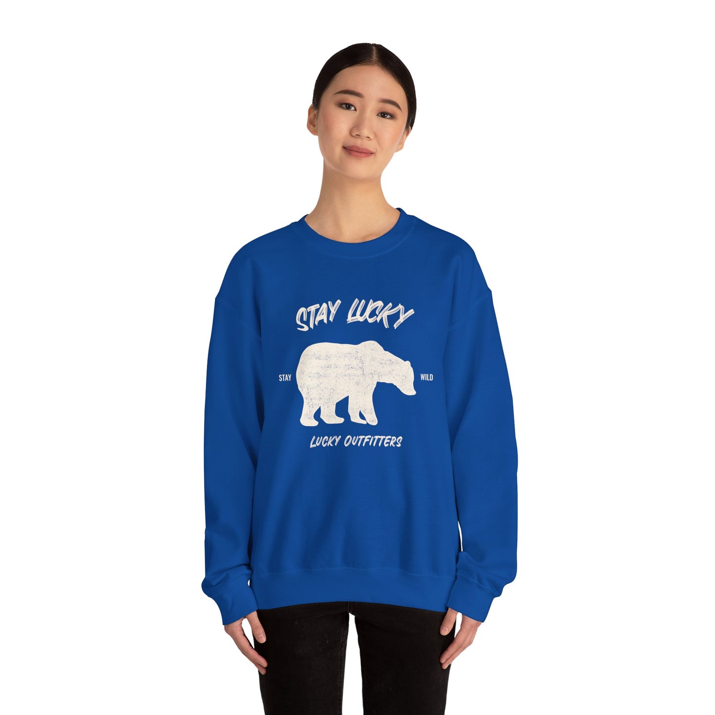 Stay Lucky Bear Unisex Crewneck Sweatshirt (Unisex Sizing) — Vintage Bear Graphic Pullover