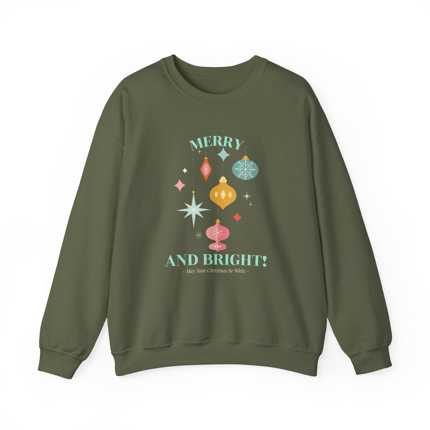 Merry and Bright Christmas Crewneck Sweatshirt (Unisex Sizing) — Retro Ornaments Holiday Sweater