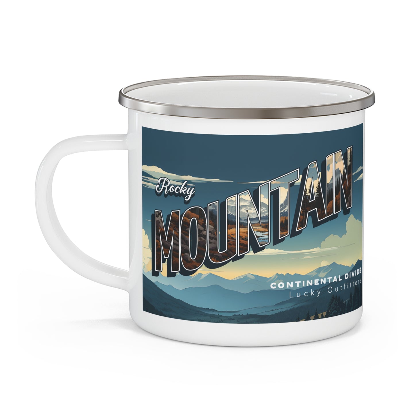 Rocky Mountain / Continental Divide Lucky Outfitters Enamel Camping Mug — Retro Mountain Travel Campfire Mug