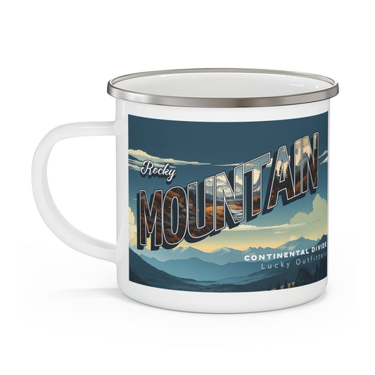 Rocky Mountain / Continental Divide Lucky Outfitters Enamel Camping Mug — Retro Mountain Travel Campfire Mug