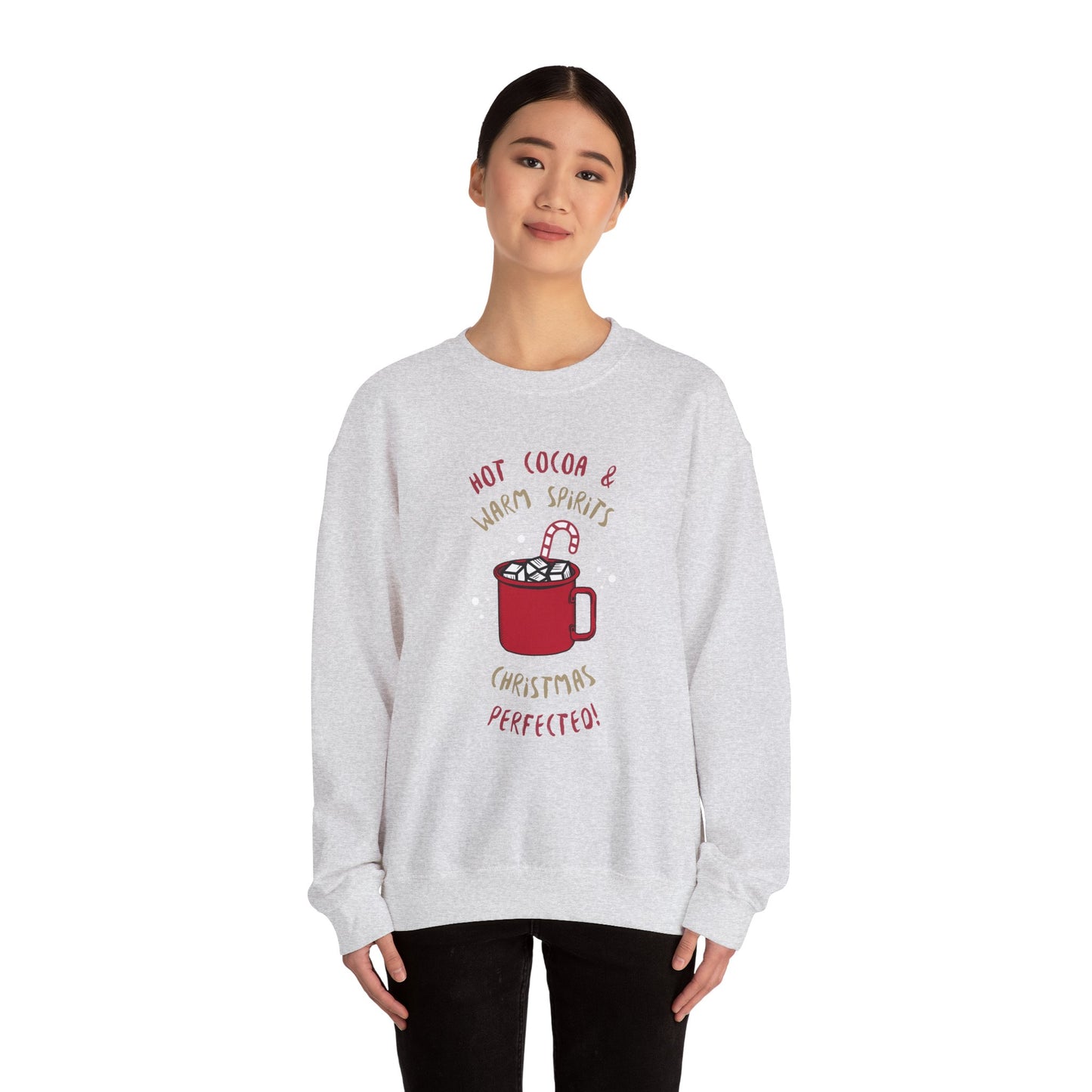 Christmas Hot Cocoa Sweatshirt (Unisex Sizing) — "Hot Cocoa & Warm Spirits, Christmas Perfection" Cozy Holiday Crewneck