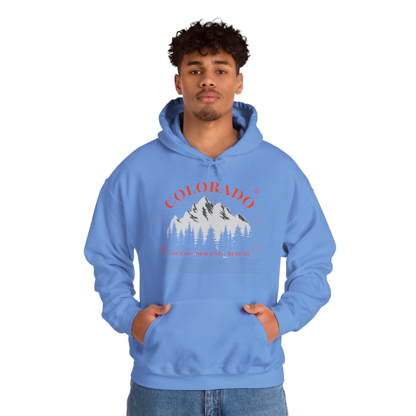 Men's Colorado 14ers Mountain Hoodie — Ascend/Descend/Repeat White Mountain Climbing Graphic - Lucky Outfitters Adventure Pullover
