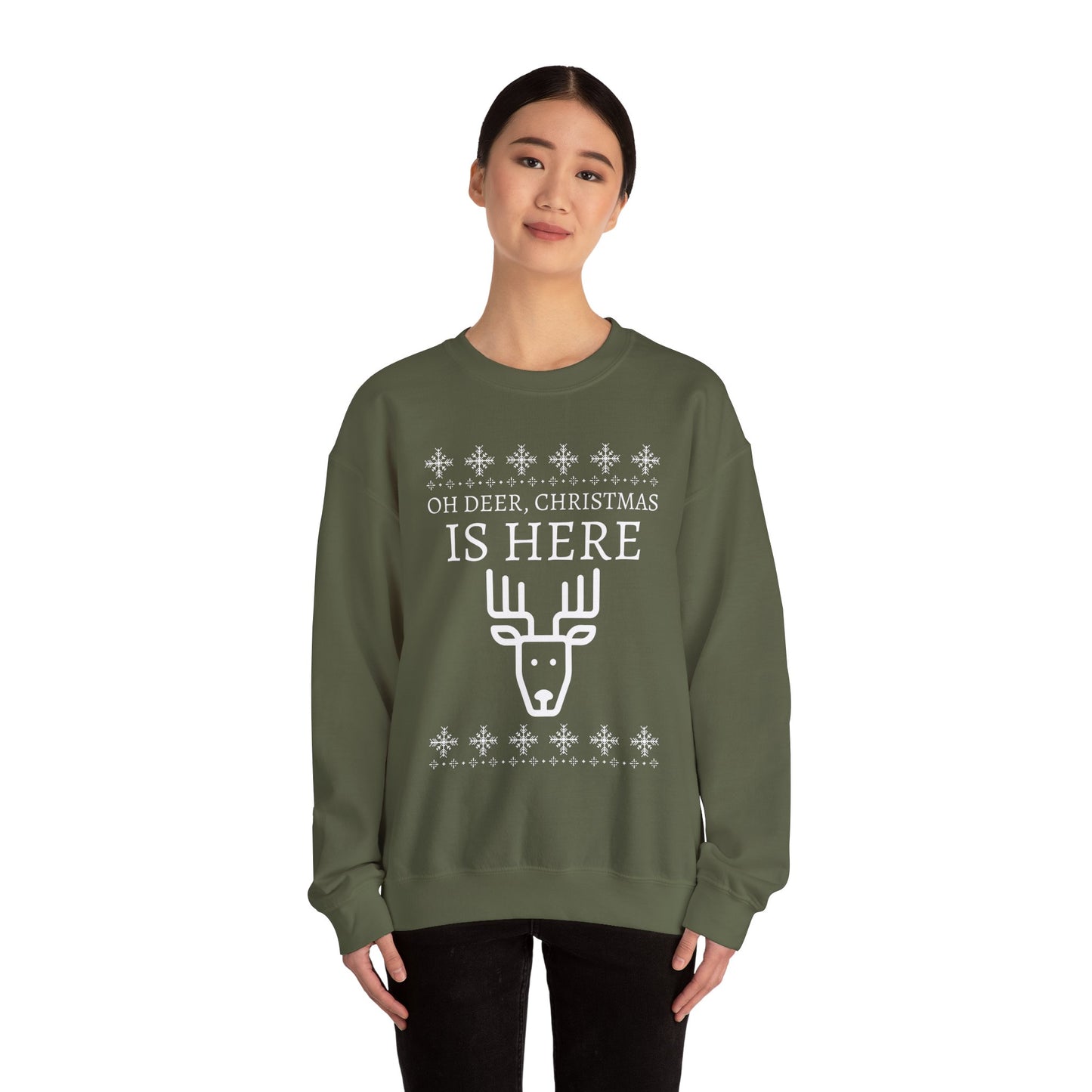 Christmas Reindeer Sweatshirt (Unisex sizing) - "Oh Deer, Christmas Is Here" Holiday Crewneck