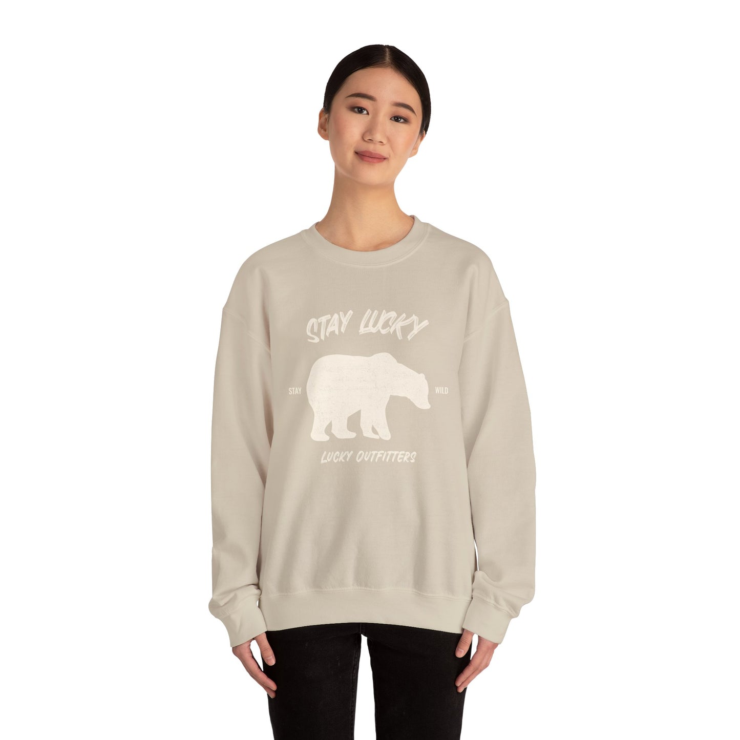 Stay Lucky Bear Unisex Crewneck Sweatshirt (Unisex Sizing) — Vintage Bear Graphic Pullover