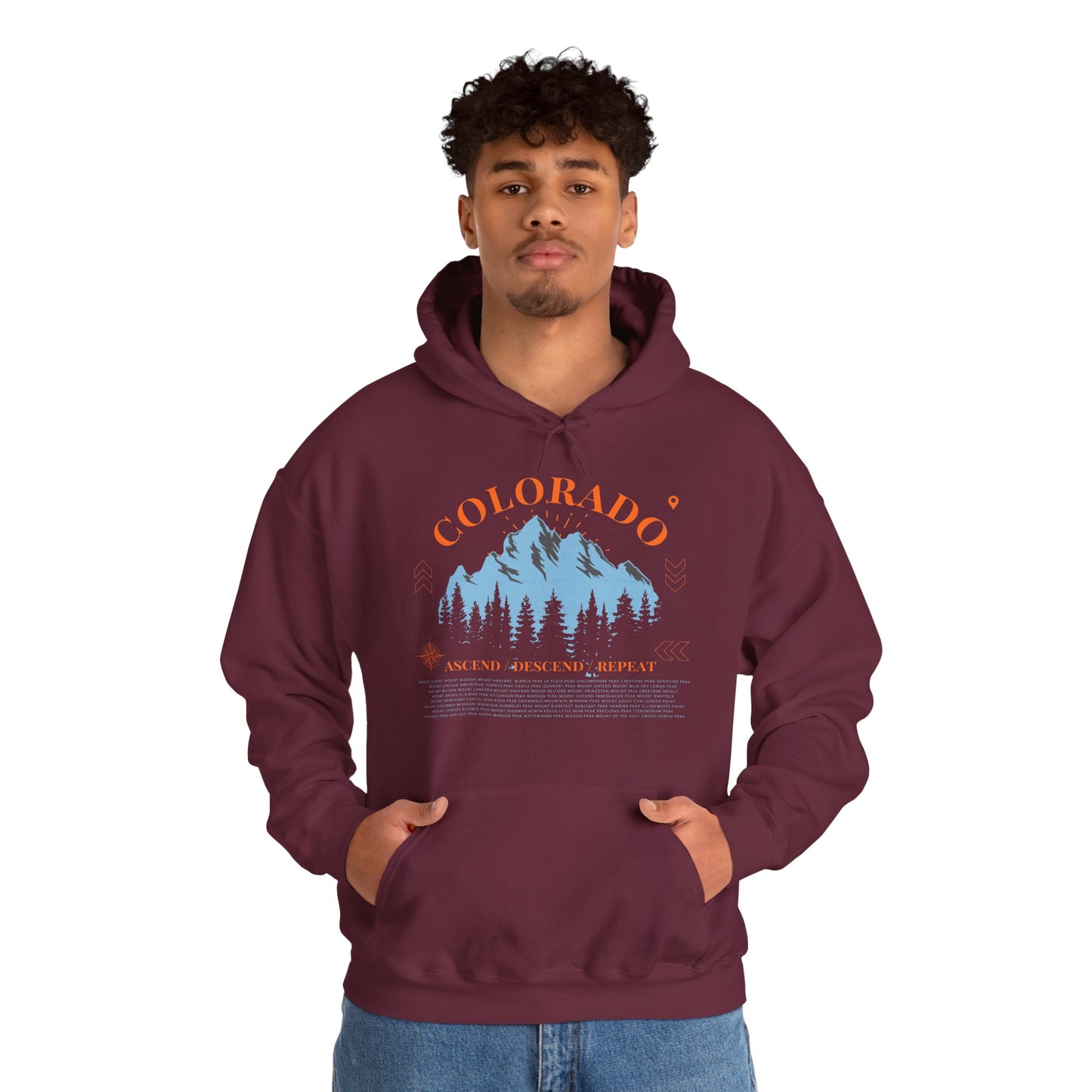 Men's Colorado 14ers Mountain Hoodie — Ascend/Descend/Repeat Mountain Climbing Graphic - Lucky Outfitters Adventure Pullover