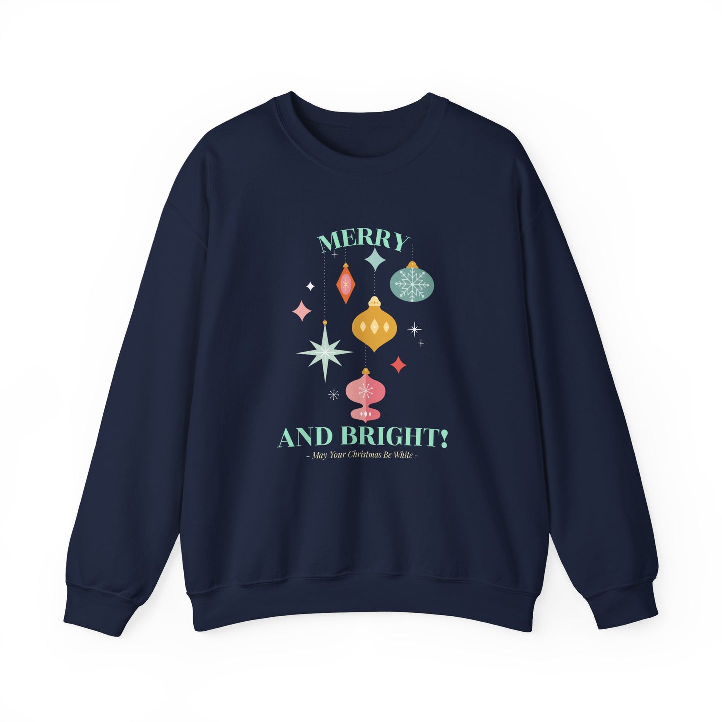 Merry and Bright Christmas Crewneck Sweatshirt (Unisex Sizing) — Retro Ornaments Holiday Sweater