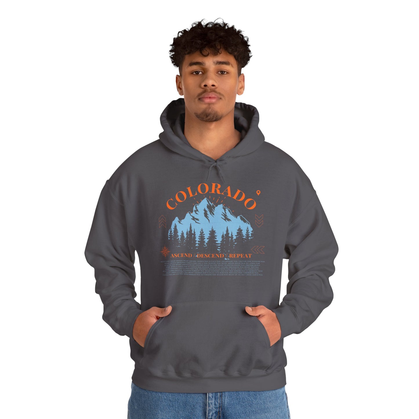 Men's Colorado 14ers Mountain Hoodie — Ascend/Descend/Repeat Mountain Climbing Graphic - Lucky Outfitters Adventure Pullover