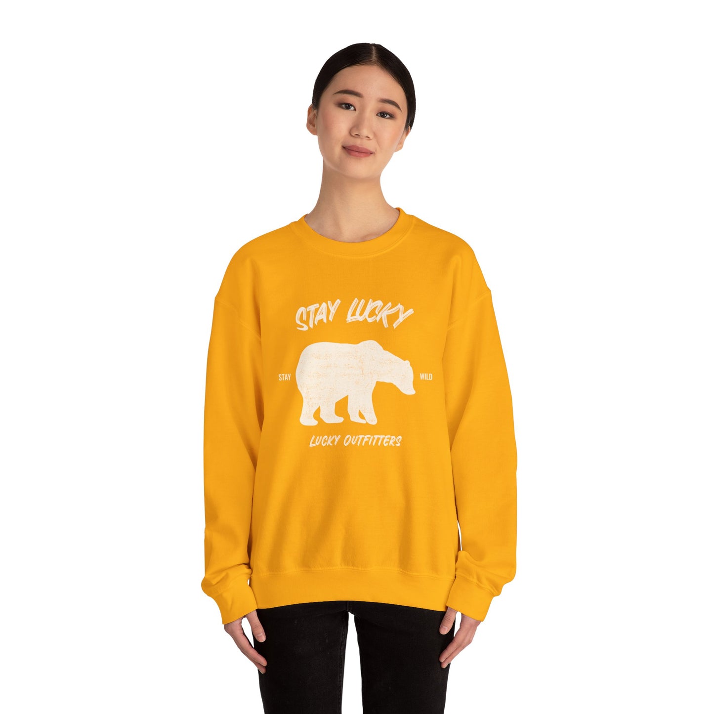 Stay Lucky Bear Unisex Crewneck Sweatshirt (Unisex Sizing) — Vintage Bear Graphic Pullover