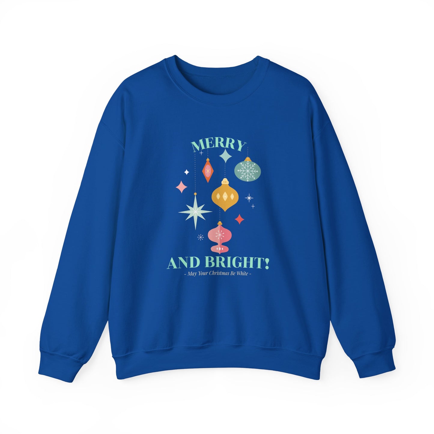 Merry and Bright Christmas Crewneck Sweatshirt (Unisex Sizing) — Retro Ornaments Holiday Sweater