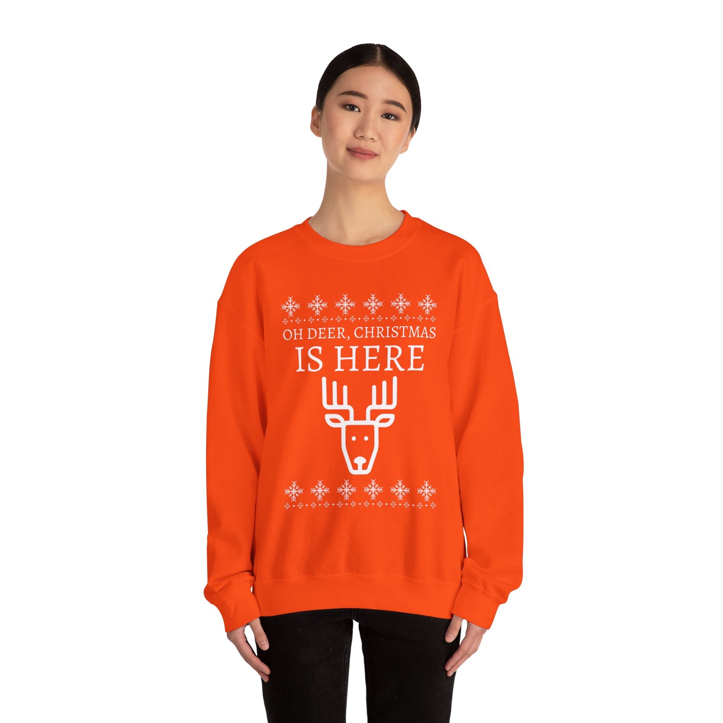 Christmas Reindeer Sweatshirt (Unisex sizing) - "Oh Deer, Christmas Is Here" Holiday Crewneck