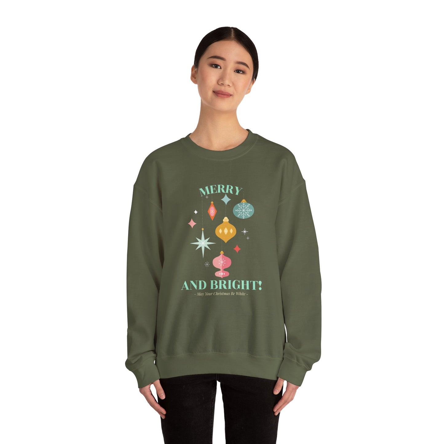 Merry and Bright Christmas Crewneck Sweatshirt (Unisex Sizing) — Retro Ornaments Holiday Sweater