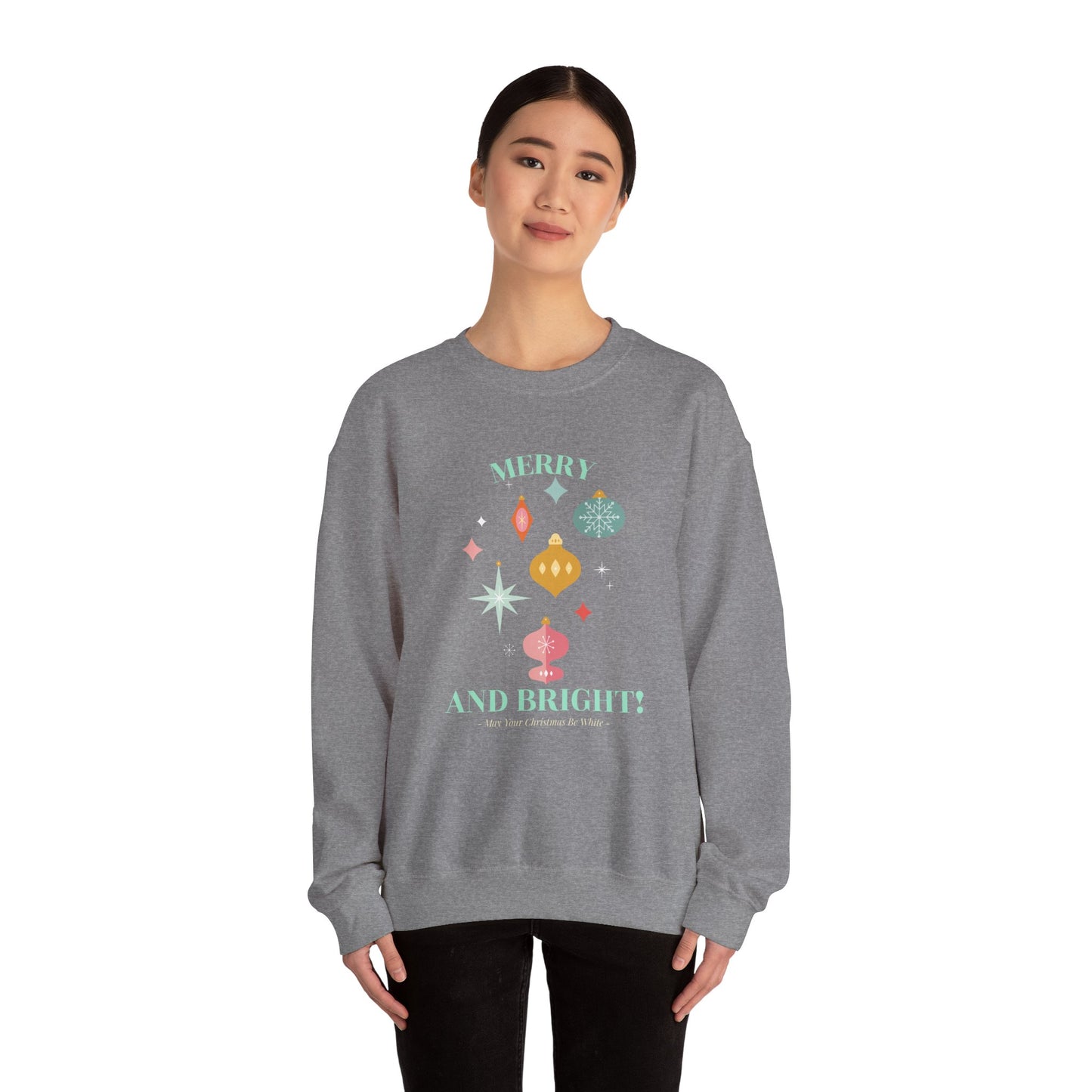 Merry and Bright Christmas Crewneck Sweatshirt (Unisex Sizing) — Retro Ornaments Holiday Sweater