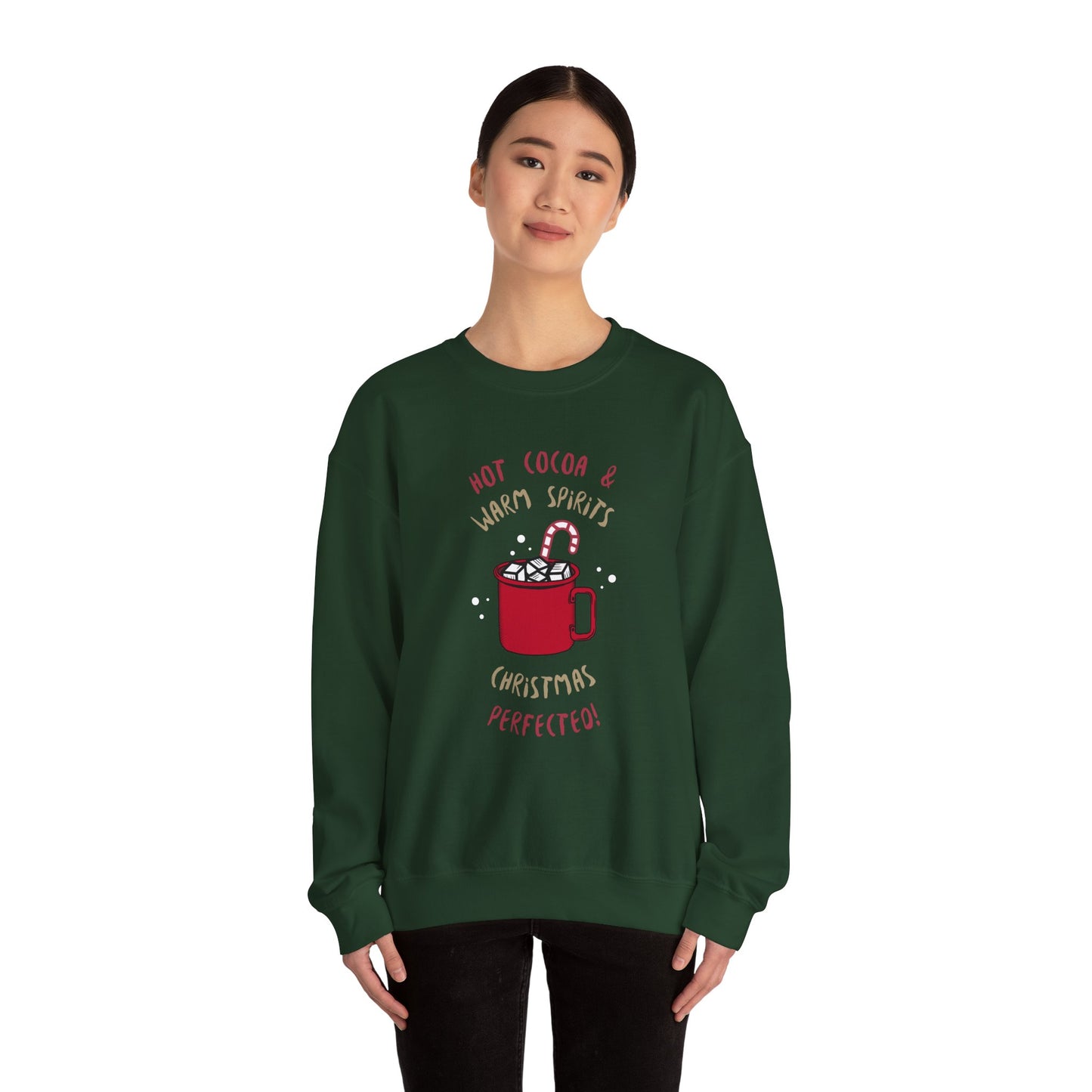 Christmas Hot Cocoa Sweatshirt (Unisex Sizing) — "Hot Cocoa & Warm Spirits, Christmas Perfection" Cozy Holiday Crewneck