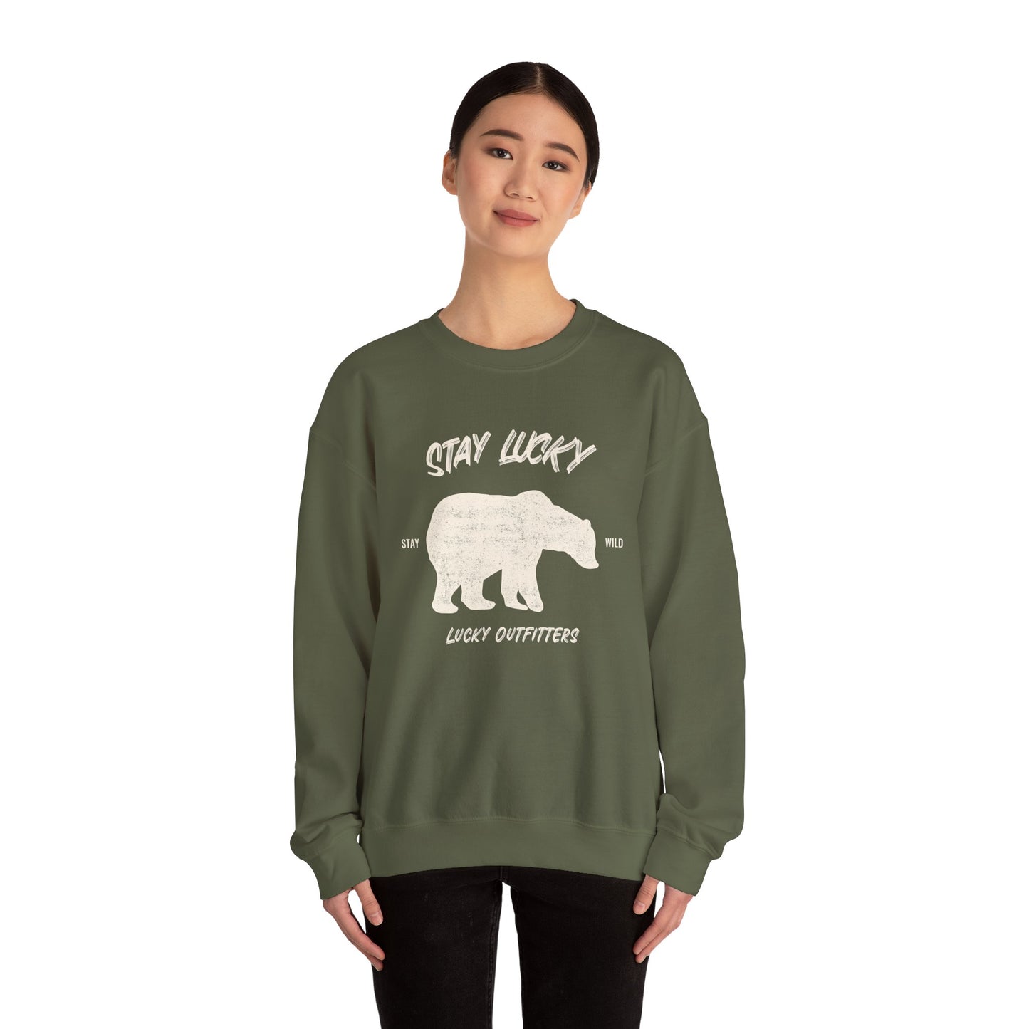 Stay Lucky Bear Unisex Crewneck Sweatshirt (Unisex Sizing) — Vintage Bear Graphic Pullover