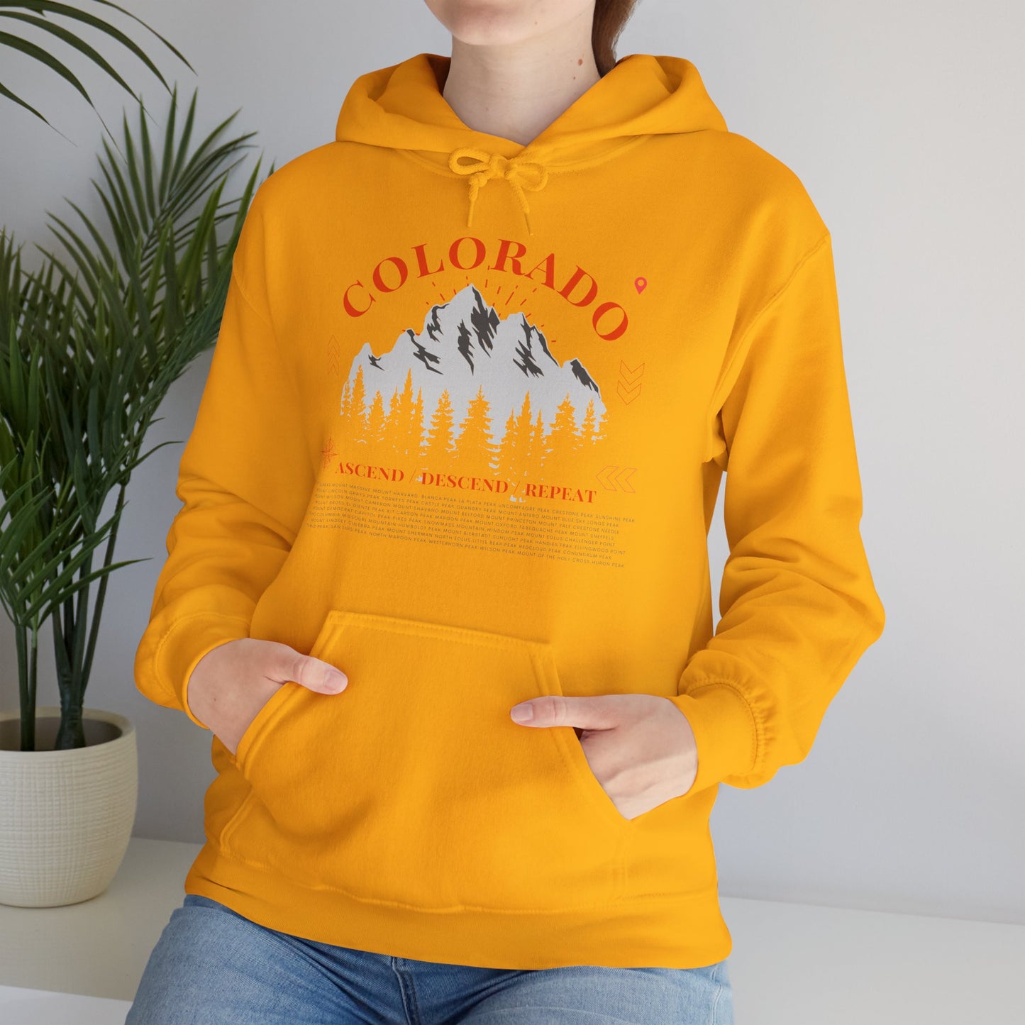 Women's Colorado 14ers Mountain Hoodie (Unisex Sizing) — Ascend/Descend/Repeat White Mountain Climbing Graphic - Lucky Outfitters Adventure Pullover