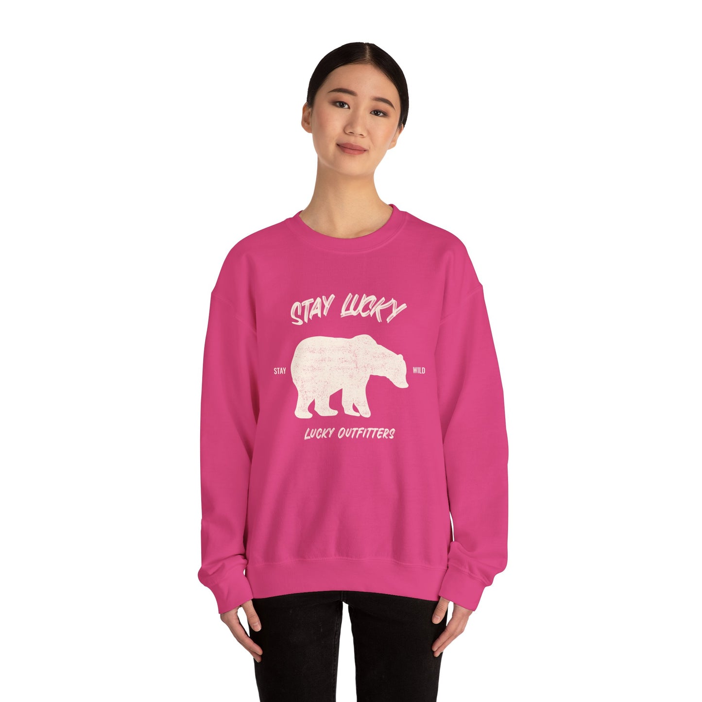 Stay Lucky Bear Unisex Crewneck Sweatshirt (Unisex Sizing) — Vintage Bear Graphic Pullover