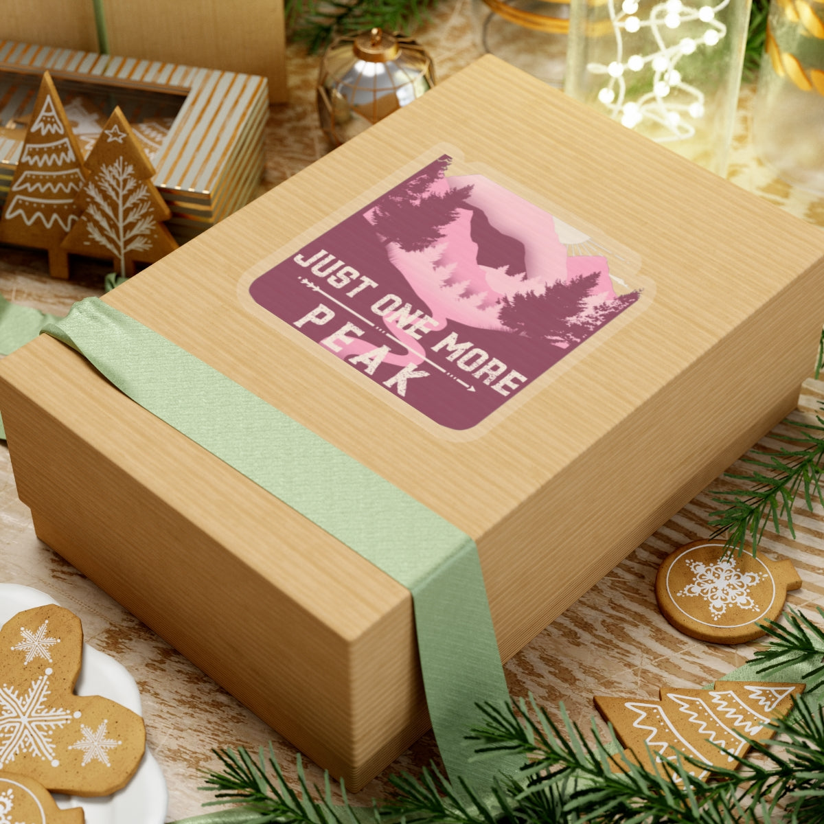 Just One More Peak Sticker — Mountain Hiking Kiss-Cut Decal (Pink)