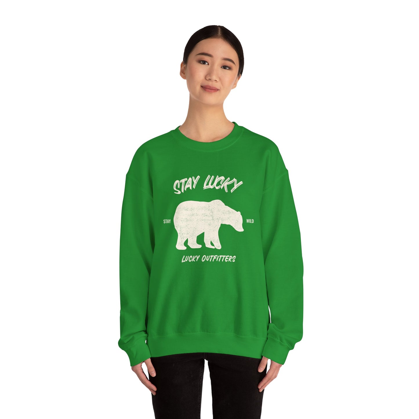 Stay Lucky Bear Unisex Crewneck Sweatshirt (Unisex Sizing) — Vintage Bear Graphic Pullover