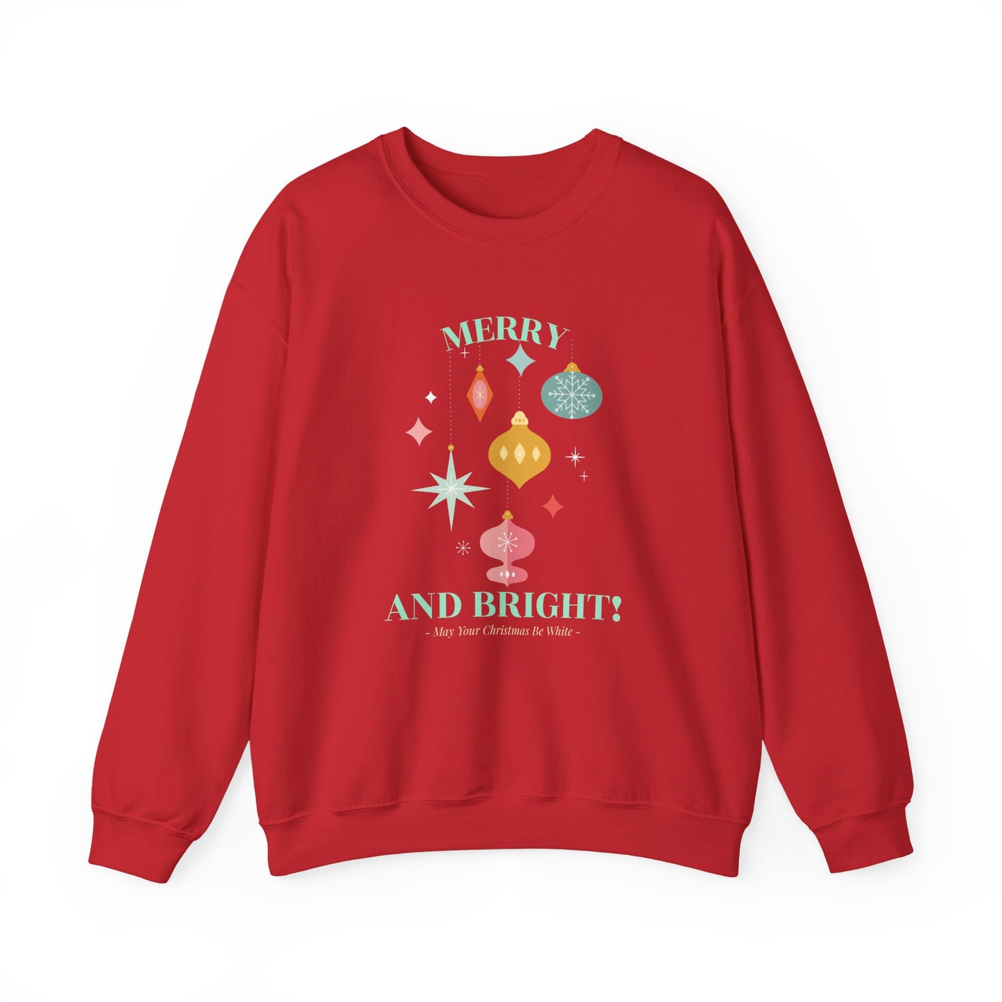 Merry and Bright Christmas Crewneck Sweatshirt (Unisex Sizing) — Retro Ornaments Holiday Sweater