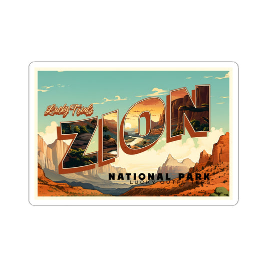 Zion National Park Retro Postcard Sticker — Vintage Travel Kiss-Cut Decal
