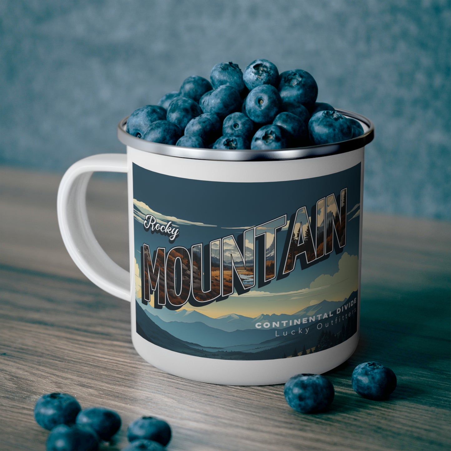 Rocky Mountain / Continental Divide Lucky Outfitters Enamel Camping Mug — Retro Mountain Travel Campfire Mug