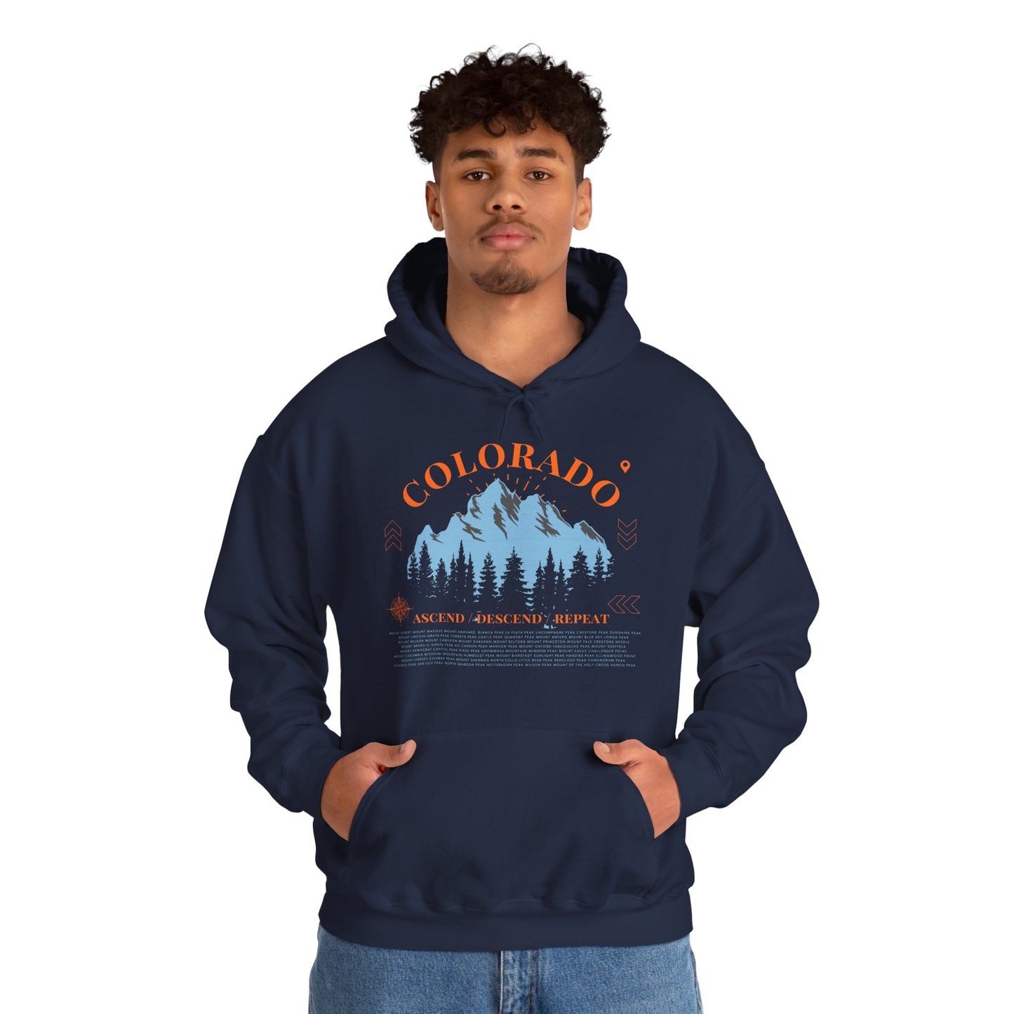 Men's Colorado 14ers Mountain Hoodie — Ascend/Descend/Repeat Mountain Climbing Graphic - Lucky Outfitters Adventure Pullover