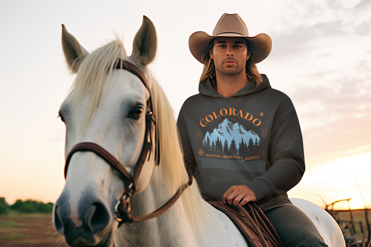 Men's Colorado 14ers Mountain Hoodie — Ascend/Descend/Repeat Mountain Climbing Graphic - Lucky Outfitters Adventure Pullover