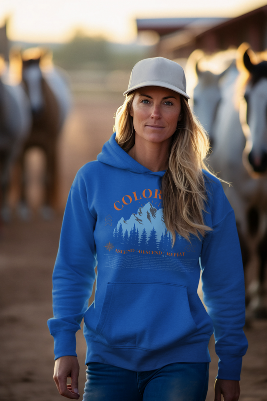 Women's Colorado 14ers Mountain Hoodie (Unisex Sizing) — Ascend/Descend/Repeat Mountain Climbing Graphic - Lucky Outfitters Adventure Pullover