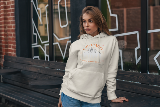 Women's Colorado 14ers Mountain Hoodie (Unisex Sizing) — Ascend/Descend/Repeat White Mountain Climbing Graphic - Lucky Outfitters Adventure Pullover
