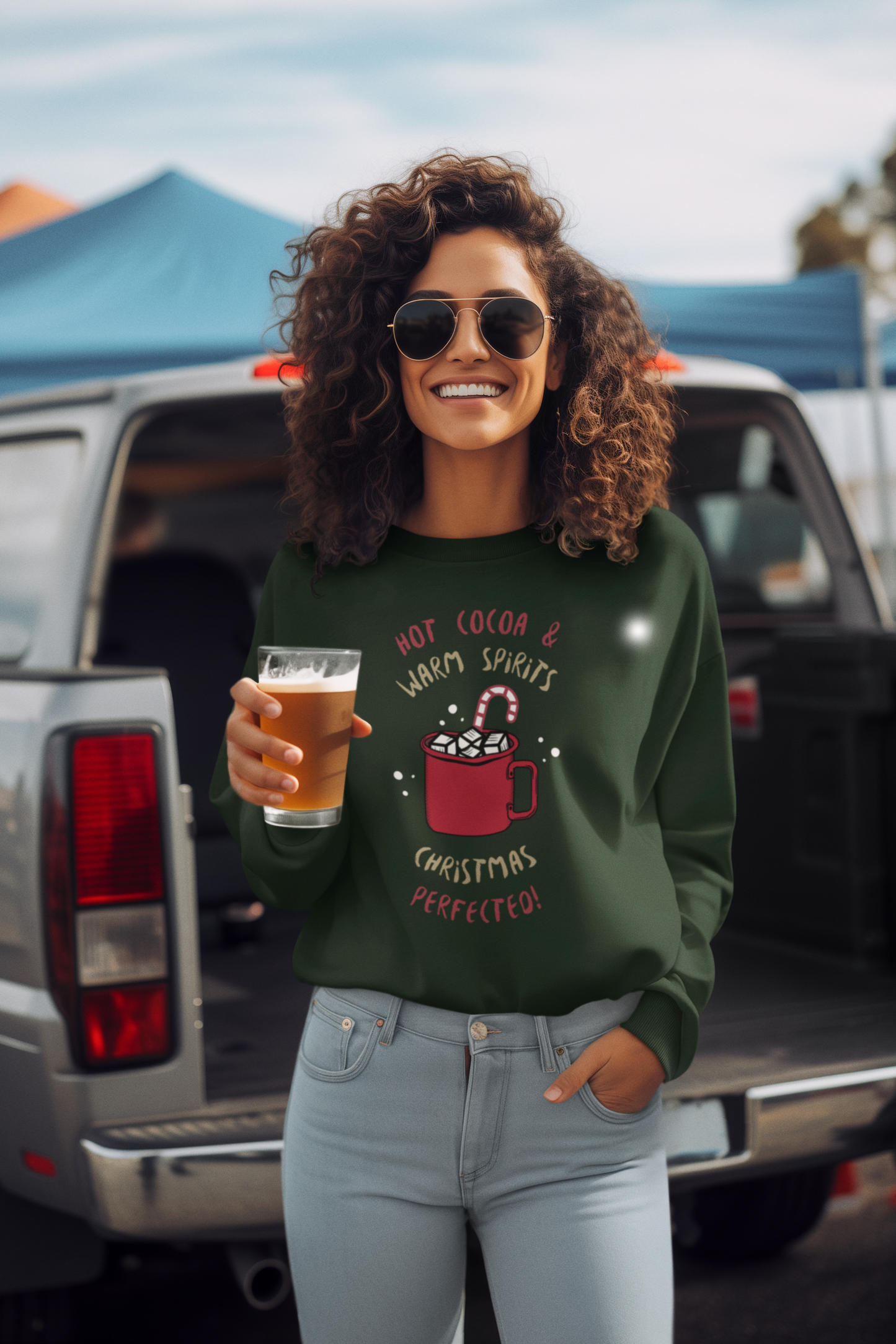 Christmas Hot Cocoa Sweatshirt (Unisex Sizing) — "Hot Cocoa & Warm Spirits, Christmas Perfection" Cozy Holiday Crewneck