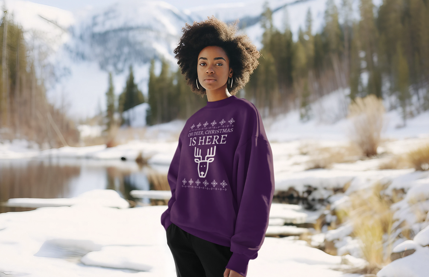 Christmas Reindeer Sweatshirt (Unisex sizing) - "Oh Deer, Christmas Is Here" Holiday Crewneck