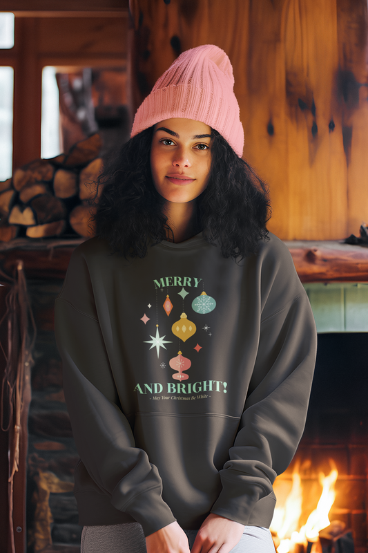 Merry and Bright Christmas Crewneck Sweatshirt (Unisex Sizing) — Retro Ornaments Holiday Sweater