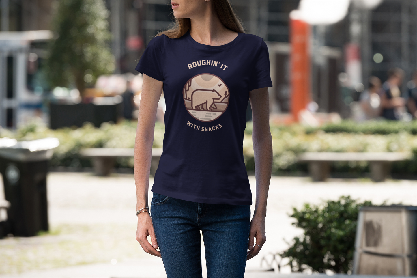 Bear Hiking T‑Shirt — "Roughin' It with Snacks" Outdoor Adventure Tee