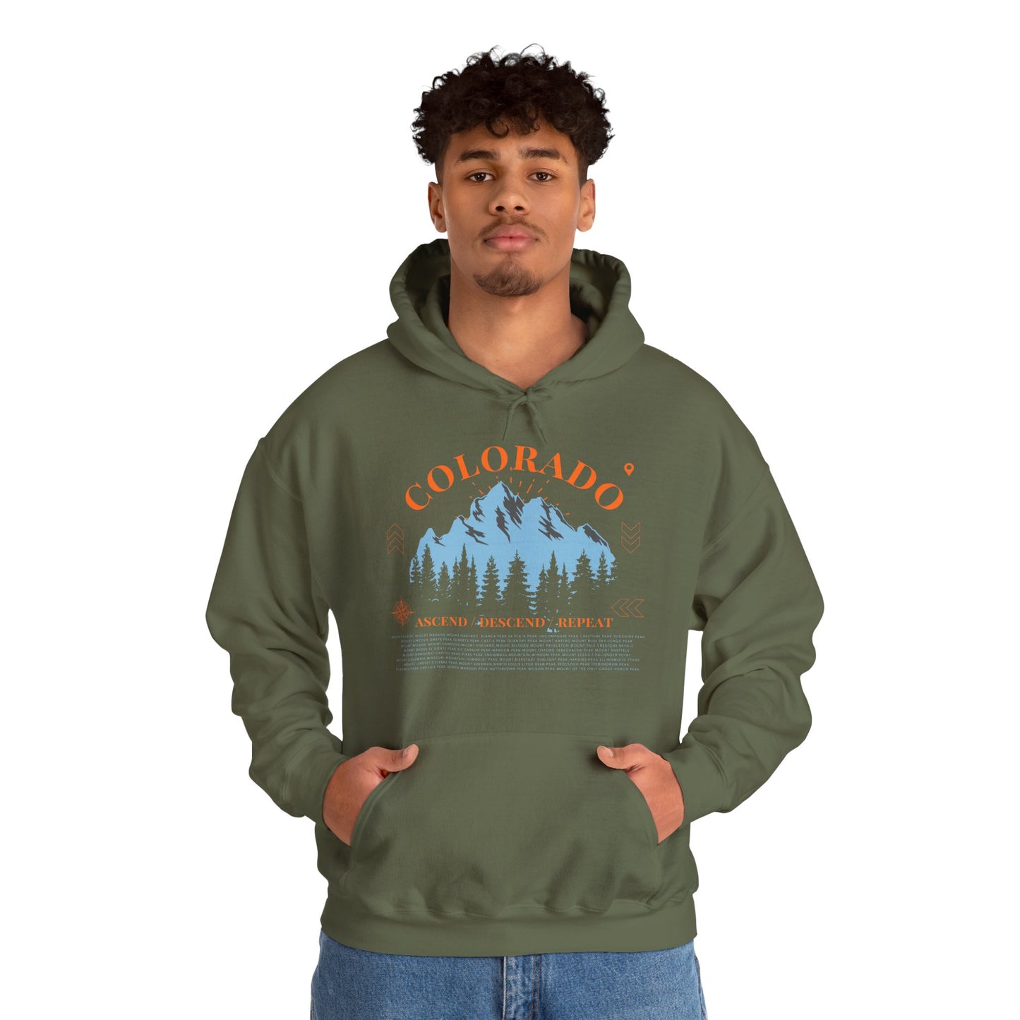 Men's Colorado 14ers Mountain Hoodie — Ascend/Descend/Repeat Mountain Climbing Graphic - Lucky Outfitters Adventure Pullover