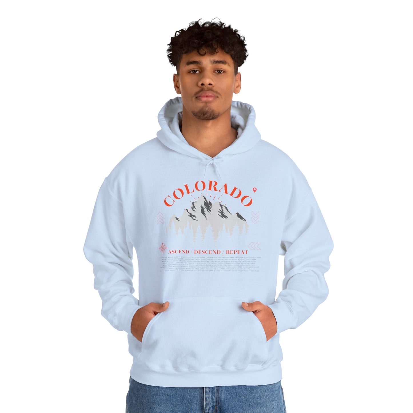Men's Colorado 14ers Mountain Hoodie — Ascend/Descend/Repeat White Mountain Climbing Graphic - Lucky Outfitters Adventure Pullover