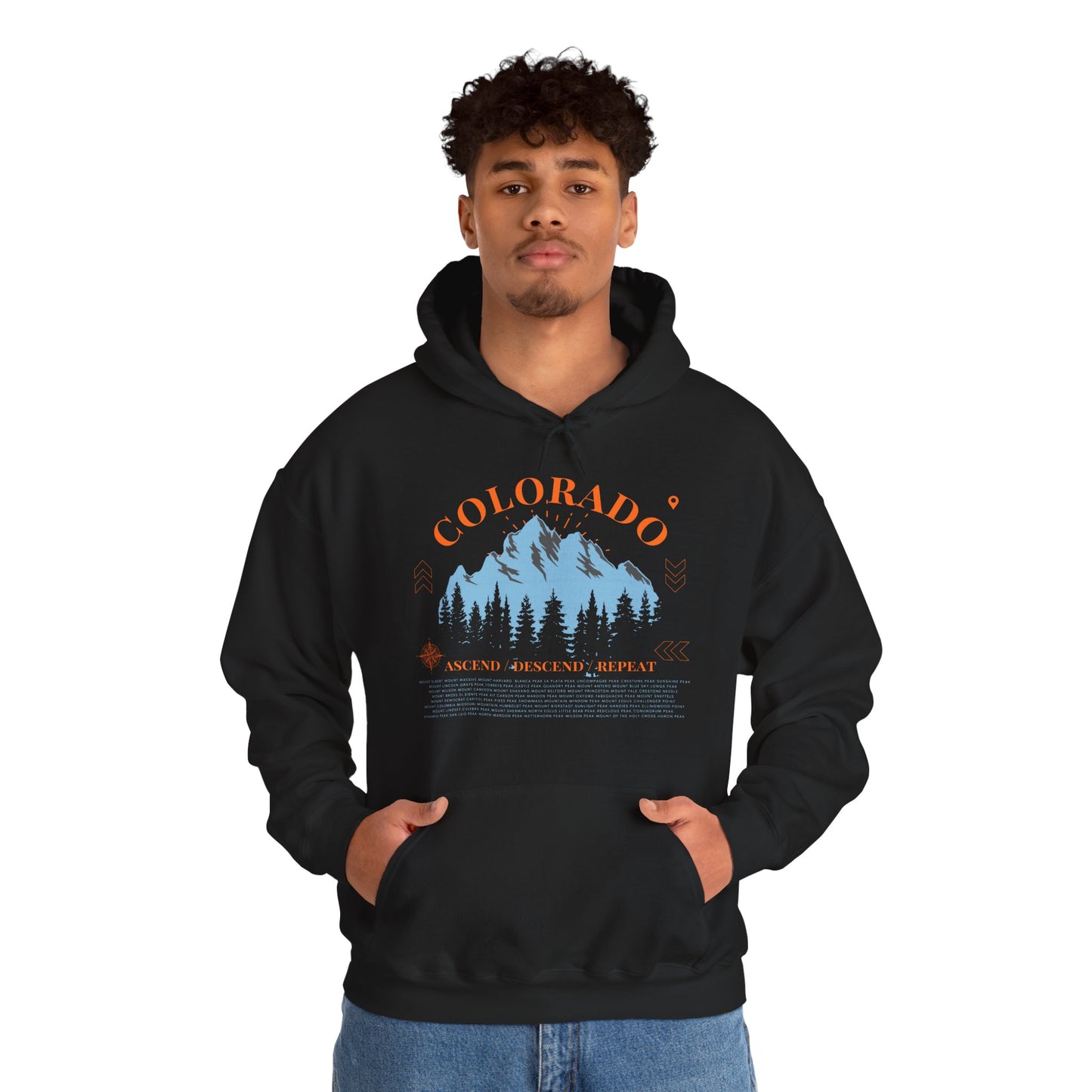 Men's Colorado 14ers Mountain Hoodie — Ascend/Descend/Repeat Mountain Climbing Graphic - Lucky Outfitters Adventure Pullover