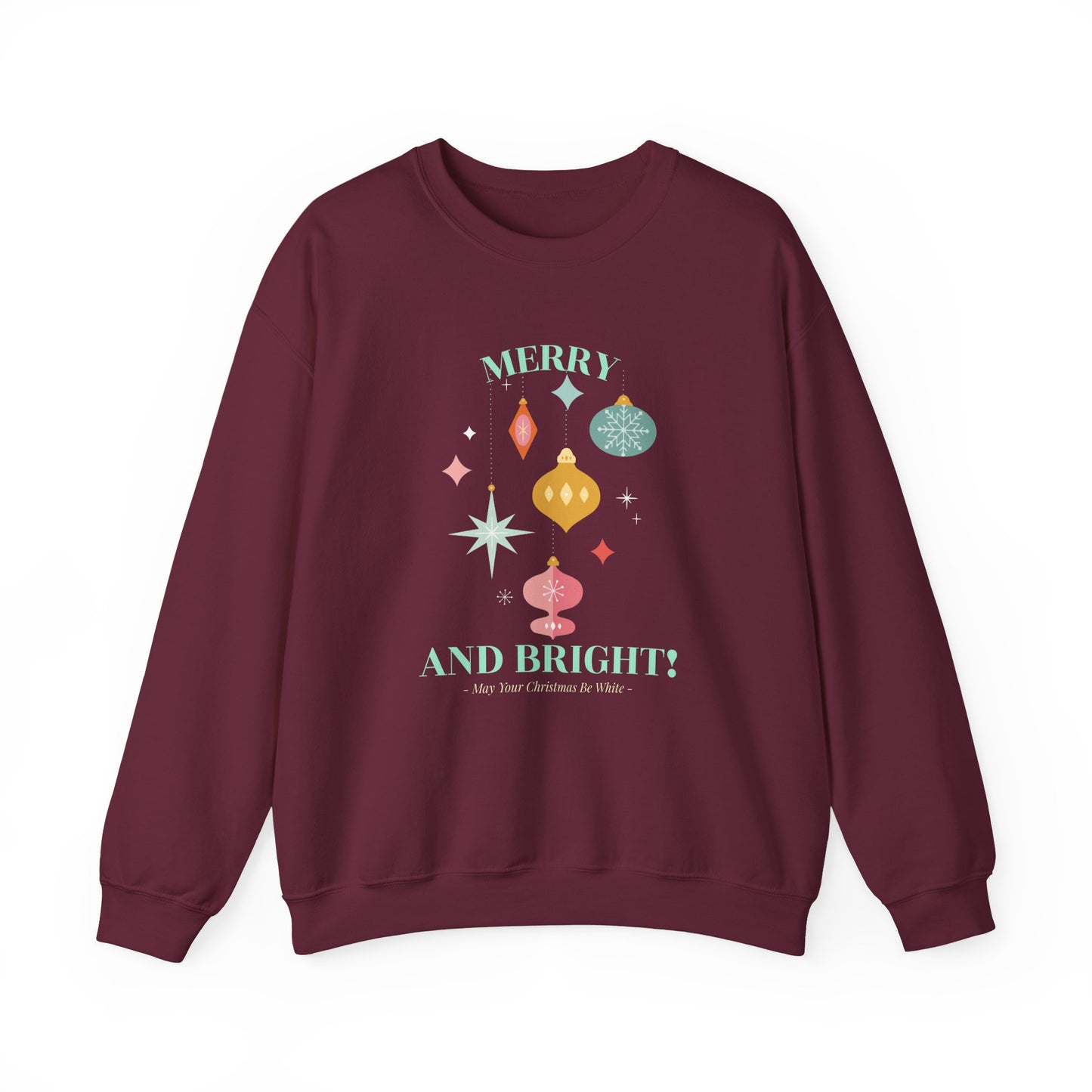 Merry and Bright Christmas Crewneck Sweatshirt (Unisex Sizing) — Retro Ornaments Holiday Sweater