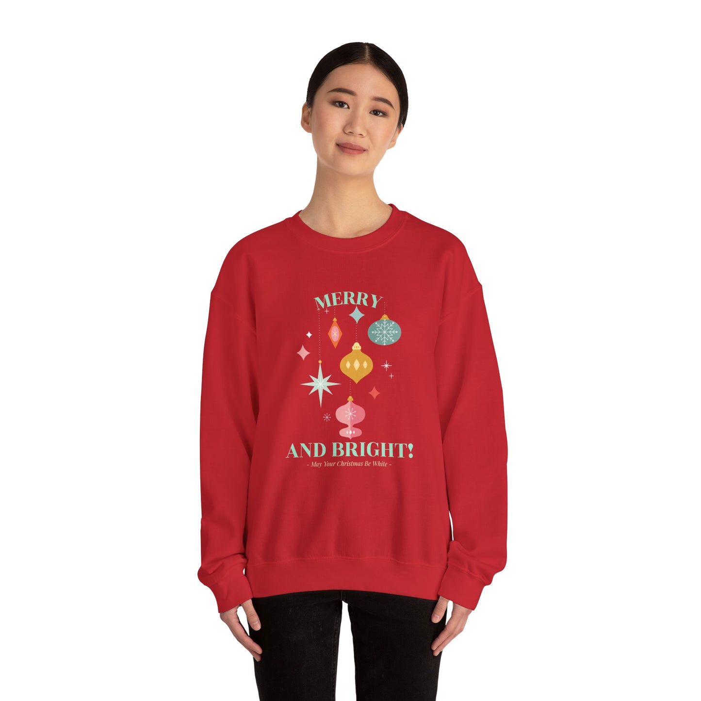 Merry and Bright Christmas Crewneck Sweatshirt (Unisex Sizing) — Retro Ornaments Holiday Sweater