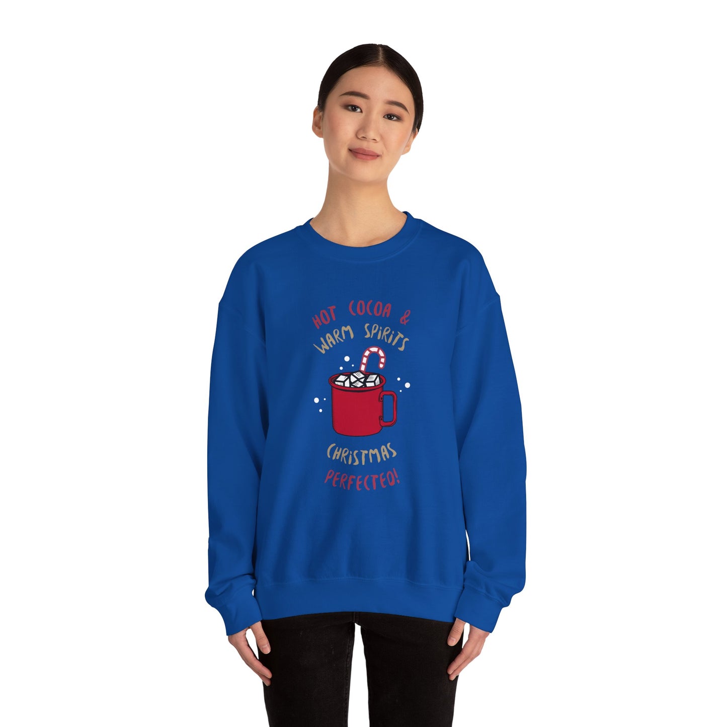 Christmas Hot Cocoa Sweatshirt (Unisex Sizing) — "Hot Cocoa & Warm Spirits, Christmas Perfection" Cozy Holiday Crewneck
